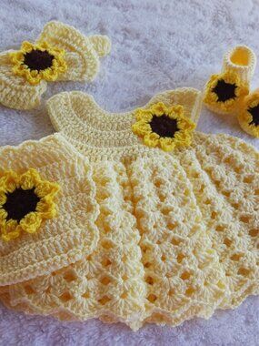 Crochet Baby Girl Yellow Sunflowers Heirloom Dress Set Photo Prop